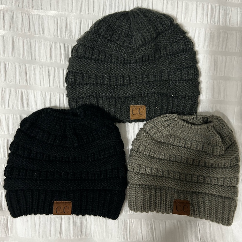 set of 3 CC Beanies. black, light gray & dark gray